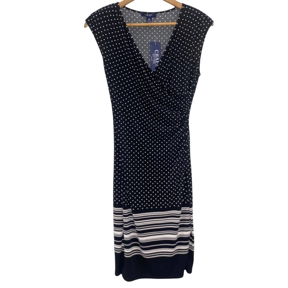 Chaps Black Sleeveless Wrap Dress Polka Dot Stripe V-Neck Bodycon SZ XS